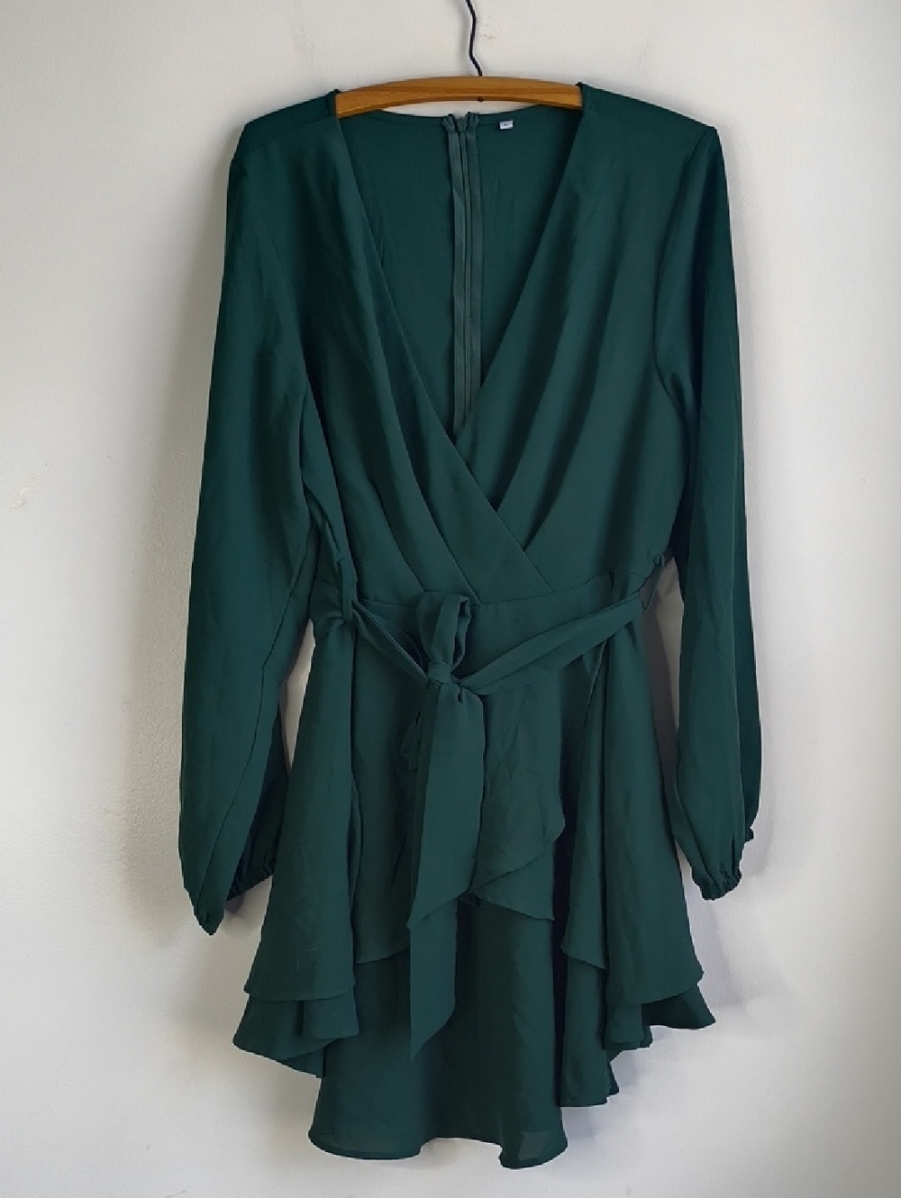 Deep Green Long Sleeve Wrap Dress with Waist Tie